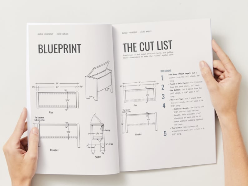 K&ouml;nnte beinhalten: Offenes Buch mit Baupl&auml;nen und Zuschnittliste f&uuml;r eine Holzkiste. Der Bauplan zeigt Abmessungen, darunter Ma&szlig;e von 50,8 cm und 76,2 cm. Die Zuschnittliste enth&auml;lt Anweisungen f&uuml;r den Zusammenbau der Kiste.