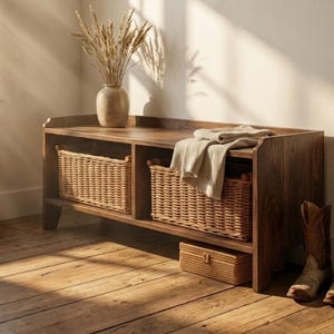 K&ouml;nnte beinhalten: Eine dunkle Holzbank mit zwei geflochtenen K&ouml;rben und einer kleinen geflochtenen Box. Auf der Bank steht eine Vase mit getrockneten Pflanzen sowie eine gefaltete Decke. Ein Paar braune Cowboy-Stiefel steht neben der Bank.
