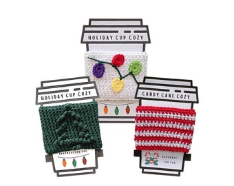 Christmas Crochet Cup Cozy Pattern Bundle: Holiday Lights, Candy Cane, Tree (PDF + Printable Templates)
