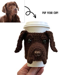 Chocolate Labrador Retriever Crochet Pattern – handmade lab cup cozy by Hooked by Angel, Etsy crochet pattern.