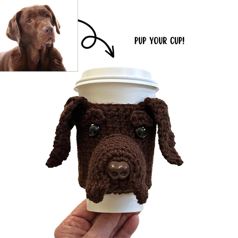 Chocolate Labrador Retriever Crochet Pattern – handmade lab cup cozy by Hooked by Angel, Etsy crochet pattern.