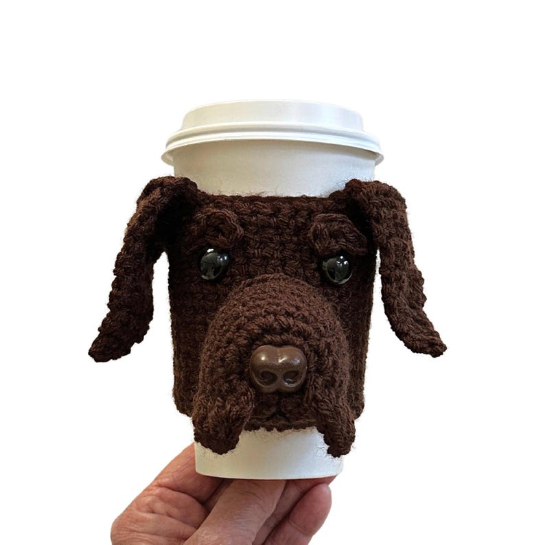 Chocolate Labrador Retriever Crochet Pattern – handmade lab cup cozy by Hooked by Angel, Etsy crochet pattern.