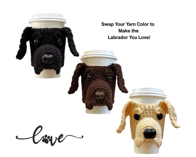 Black, Chocolate & Yellow Labrador Retriever Crochet Pattern – handmade lab cup cozy by Hooked by Angel, Etsy crochet pattern.