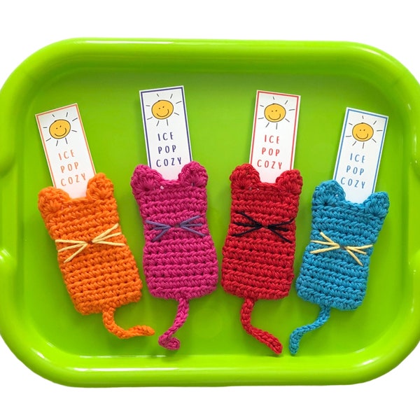 Ice Pop Holder Crochet Pattern + Printable Insert Card, Freeze Pop Sleeve, Crochet Cat Pattern, Summer Crochet Gift, Cat Crochet Cozy