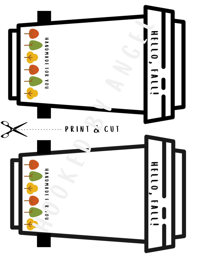 May include: Printable craft template for a coffee cup with the text "Hello, Fall!" and "Handmade for you" with a design of fall leaves on the side.
