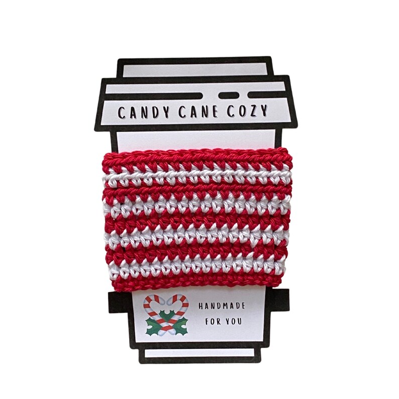 Crochet pattern details on a coffee cup cozy with candy cane stripes on it by Hooked by Angel – includes step-by-step instructions, photos, and Angel’s Tips for easy crocheting, instant digital PDF download on Etsy. The pattern included a printable coffee cup template to display your cozy with the text HOLIDAY CUP COZY.
