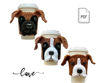Paquete de patrones de ganchillo para perros bóxer: 2 patrones de fundas para tazas de bóxer adultos y cachorros (3 diseños de ganchillo en PDF para amantes de los perros, descarga instantánea)