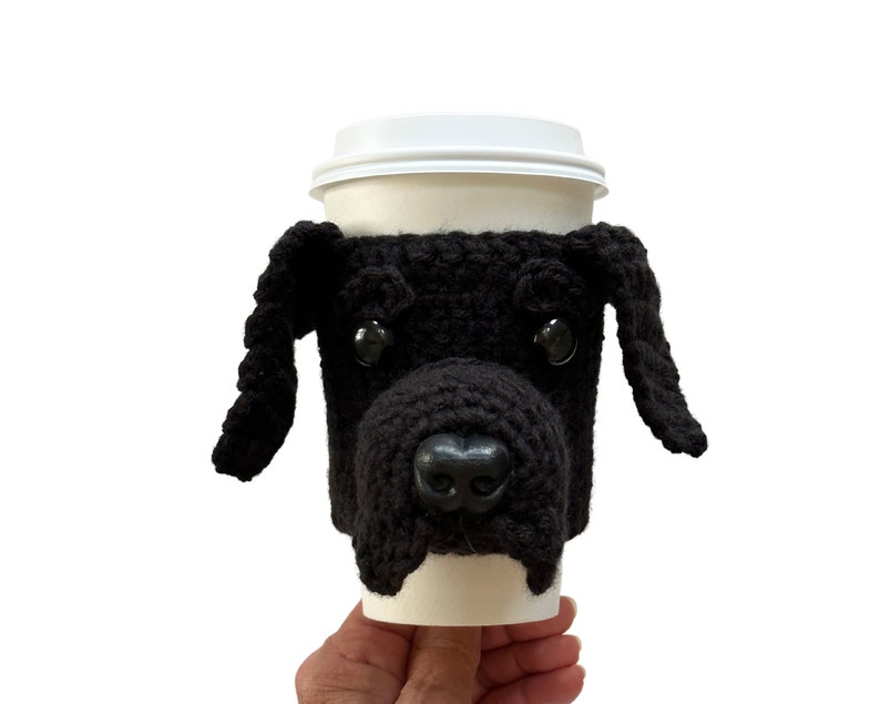 Crochet pattern details for Black, Chocolate or Yellow Labrador Retriever Dog Cup Cozy by Hooked by Angel – includes step-by-step instructions, photos, and Angel’s Tips for easy crocheting, instant digital PDF download on Etsy.