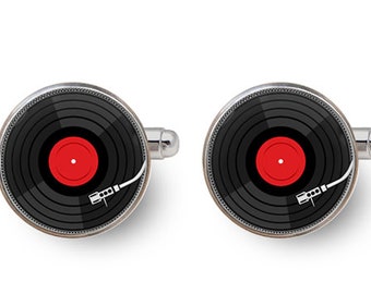 vinyl DJ cufflinks,vinyl record cuff links,vinyl cufflinks,LP vinyl,vintage records,red vinyl,retro cufflinks -with gift box