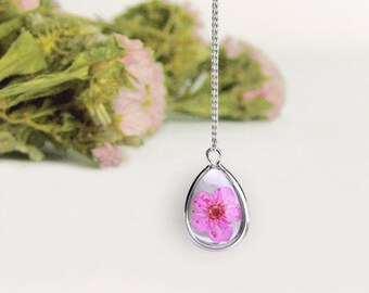 tiny real pressed pink flower necklace,pressed daisy  flower necklace,real flower necklace,pressed flower necklace-with gift box