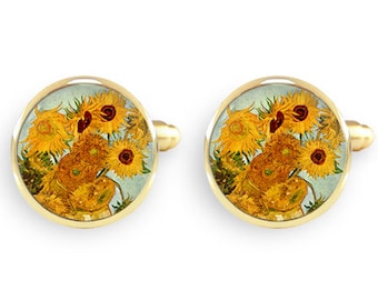 van gogh sunflowers cufflinks,van gogh gifts,van gogh jewellery,art cufflinks,wedding cuffLinks,bridesmaid gift,wedding gift -with gift box