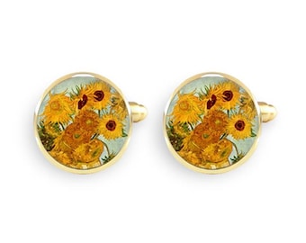 van gogh sunflowers cufflinks,van gogh gifts,van gogh jewellery,art cufflinks,wedding cuffLinks,bridesmaid gift,wedding gift -with Gift Box