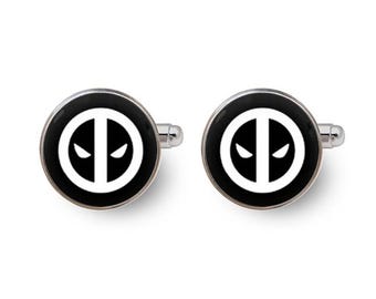 deadpool cufflinks,deadpool gifts,superhero cufflinks,deadpool jewelry,wedding cufflinks,wedding cuff links for dad,geek gift -with Gift Box