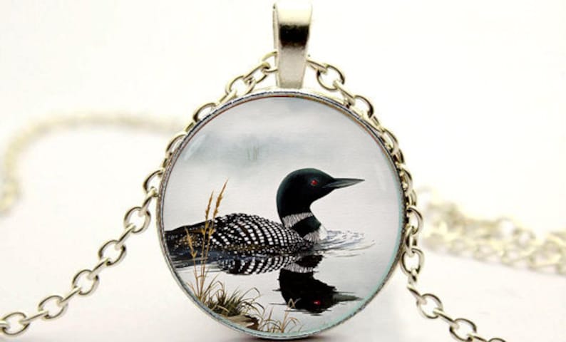 May include: A silver chain necklace with a round glass pendant featuring a black and white loon swimming in a lake. The loon has red eyes and is surrounded by water and reeds.