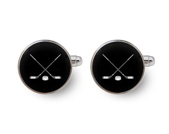 Eishockey-Manschettenknöpfe, Manschettenknöpfe mit Hockeyschläger-Motiv, Manschettenknöpfe mit Hockey-Team-Motiv, Eishockey-Geschenke, Geschenke für Hockey-Fans, Hockey-Schmuck – inklusive Geschenkbox