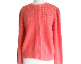 Vintage Sweater Cardigan Handmade Button Front Knit Coral Orange Pink - Woven Texture and Long Sleeves - XL