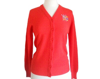 Vintage Cardigan Orange Summer Fashion Womens V-Neck Style Sweater with a Patch of Flags Button Front and Long Sleeves - M