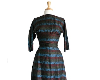 Vintage 1940s Dress R & K Original Maroon, Light Blue, and Green Stripes w/ Black Floral Pattern - 3/4 Sleeves and Matching Belt