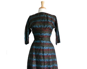 Vintage 1940s R&K Original Dress, Striped Floral Print with Belt