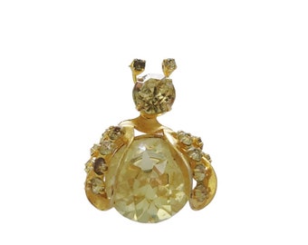 Vintage Brooch Weiss Yellow Green Bee Design with Wings Head and Antennae - Large Round and Small Square Rhinestones and Gold Tone Finish