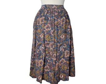 Vintage Floral Skirt Blue Green and Brown Print with Pockets and High Waist by Albee - S/M