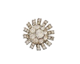 Vintage Brooch Round Starburst Rhinestone Pin - Mid Century - Art Deco Style - Silver Tone and Clear Rhinestone Brooch