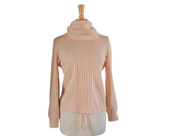 Vintage 1960s Shirt Pale Pink Long Sleeve Knit Vintage Top with Large Cowl Neck and Drawstring Detail - Made by Butte Knits - Size 16