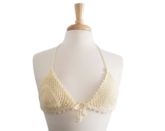 Vintage Crocheted Bikini Top – Sears Beige Acrylic Swimwear, 80s Boho Style