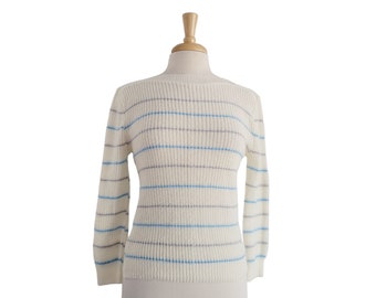 80s Sweater Vintage Long Sleeve Striped Top Ice Blue and Silver Hortizonal Stripes Winter Sweater - Vintage Sweater by Spunky NY - L