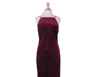 Jaren 90 Jurk Henri Bendel Halter Stijl Avondjurk Bordeaux Fluwelen Vloerlengte Formele Vintage Jurk met Metail KettingBanden - Maat 12 - M