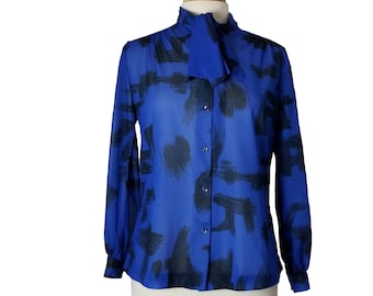 Vintage Blouse 1970s Pussybow Style Secretary Button Down Blouse Long Sleeve with Black Paintbrush Stroke Print - Teddi of California - M/L