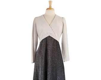 Vintage Dress Silver and Charcoal Gray Sparkly Party Dress - New Year's Eve or Special Ocassion Dress - Long Sleeve and Wrap Style Dress