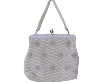Vintage 1960s Handbag Beaded White Floral Purse with Matching Handle Lucite Frame and Kiss Lock Closure Made in Hong Kong