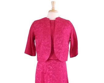 Vintage Skirt Suit Women's 1960s Bright Pink Floral Brocade Pattern Matching Top Skirt and Jacket - Three Piece Women's Suit - L/XL