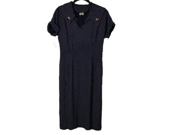 Vintage Dress 1960s Navy and Ivory Polka Dot Short Sleeve Dress Gold Button Detail and V Neck - XS/S