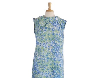 1960s Summer Dress Sleeveless Handmade Vintage Blue White and Lime Green Print with Scarf Style Neckline - L