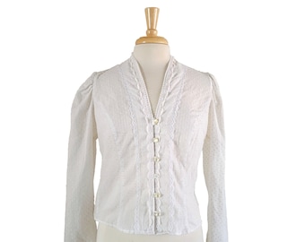 1970s Lace Blouse - Vintage V-Neck, Puff Sleeve Button Down