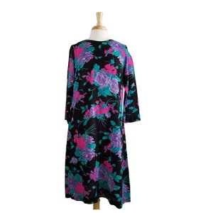 Vintage 1980s Dress Floral and Leaf Pattern Purple Roses Long Sleeve Midi Dress by British Lady Union Made in the USA Size 16 L image 1