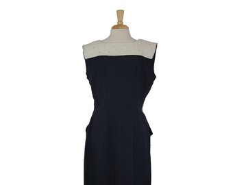 Vintage 1950s Dress Black with Cream Square Woven Collar with Rhinestones - Special Occassion Dress with Pockets - XL