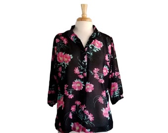 Vintage Blouse 1970s Button Down Sheer Top 3/4 Sleeve Pink Green and Yellow Floral Print - Mandarin Style Collar - Teddi of California - XL