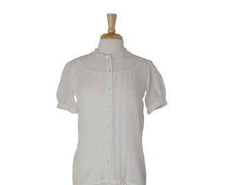 80er Jahre Vintage Sears Bluse - Weiße Spitze Victorian Puffärmel Top