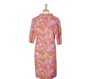 60s Mod Dress 3/4 Sleeve Floral Vintage Dress Handmade with Mock Turtleneck - Pink Orange and Olive Green