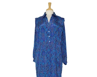 Vintage 1980s Dress Paisley Pattern Blue Purple and Green - Short Sleeve Midi Dress - Schrader Sport - Size 16 - XL