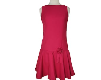 1960s Magenta Rayon Dress – Drop Waist Rose Detail, Junior Size 5