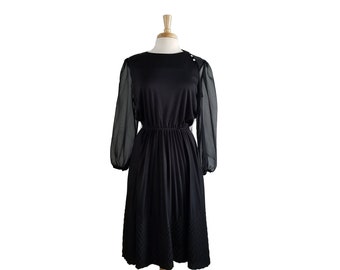 Vintage Dress 70s Black Sheer Sleeve Dress with Chevron Patterned Skirt by Jen-Jen New York - L/XL