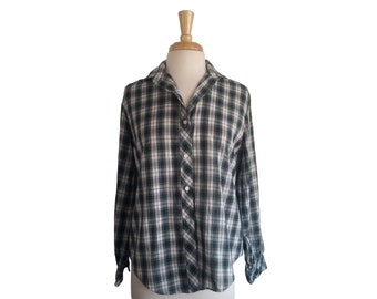 1980s Plaid Blouse - Vintage Navy Green Button Down Shirt, M