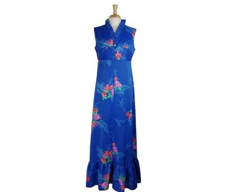 Summer Dress 1970s Hawaiian Maxi Sleeveless Vintage Dress Blue Floral Print - Made in Hawaii by Hukilau Fashions - L