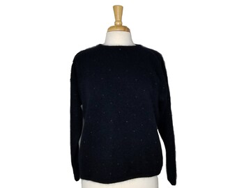 Vintage 1980s Sweater Black Long Sleeve  Chaus Sweater with Tiny Gold Polka Dots - Lambs Wool and Angora - Size L