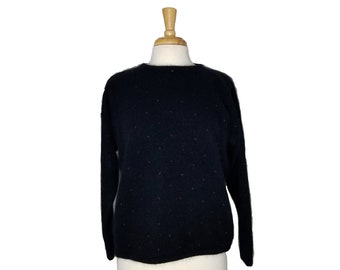 Vintage 80s Chaus Sweater – Black Lambswool Angora, Gold Polka Dots, Size L