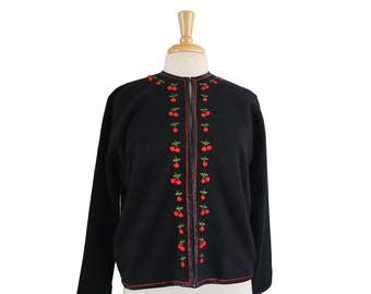 Vintage 1950s Angora Lambswool Cardigan – Black Cherry Detail, Satin Trim (XL)